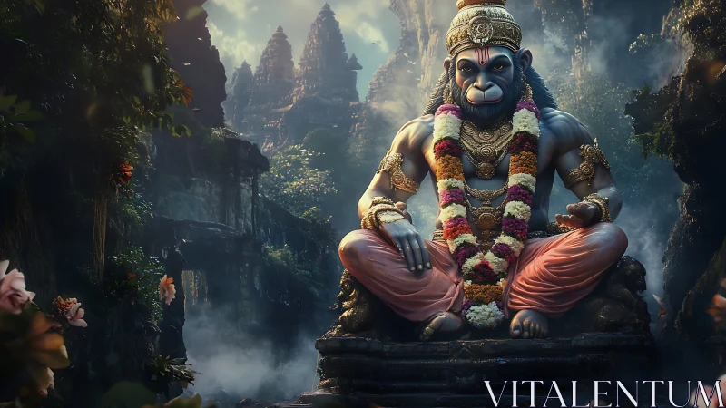 Monumental simian deity statue in misty jungle temple ruins