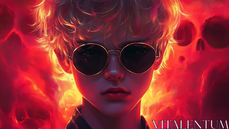 Blond youth in shades stands before burning skull inferno.
