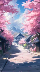 Cherry blossom street leads toward distant snowcapped mountain