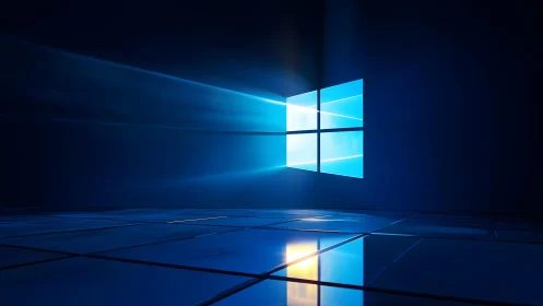 Windows logo shines in a digital blue 3D environment wallpaper.