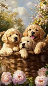 Golden retriever puppies in wicker basket under garden bloom