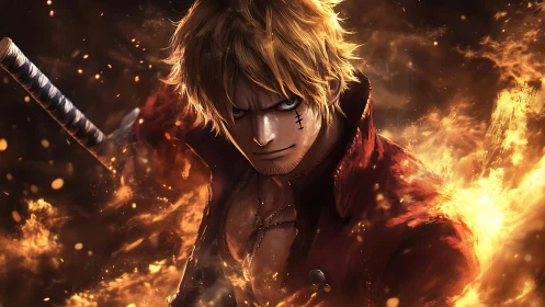 Fiery anime swordsman emerges from blazing inferno of light.