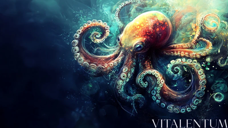 Color-saturated digital octopus in swirling deep water.