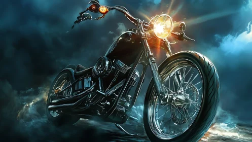 Chrome night rider hurls a blazing spotlight into the storm