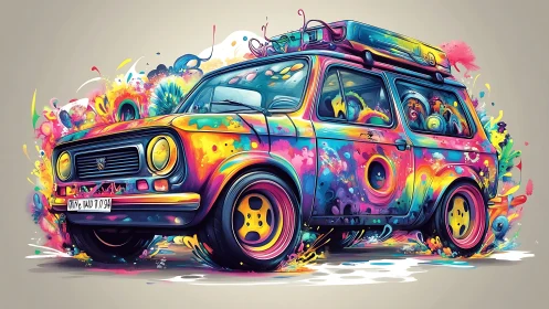 Psychedelic hatchback rendered in dynamic neon splatter livery