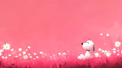 Cartoon dog resting in pink daisy field under wide sky.