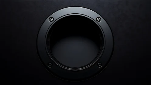 Close-up black speaker cone on dark textured background.