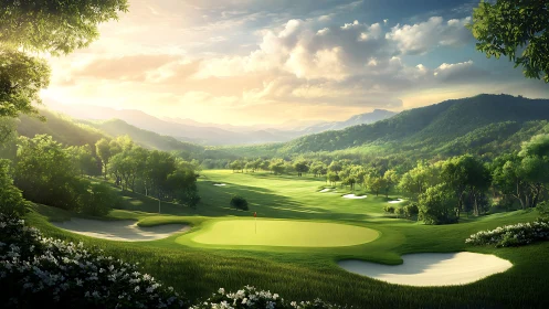 Sunlit mountain golf course with lush fairways and greens.