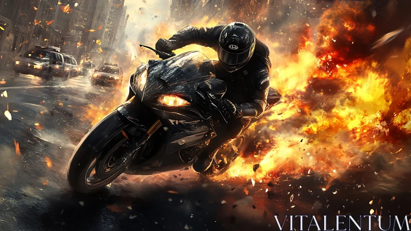 Midnight rider knifes through firestorm on blazing streets.