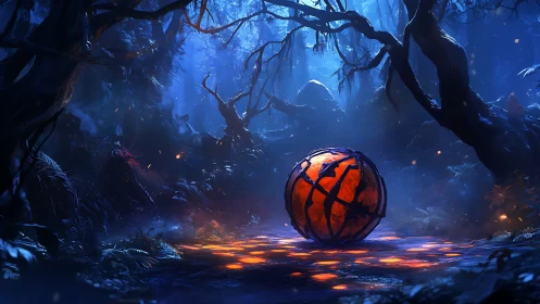 Glowing orange sphere rests on illuminated forest ground