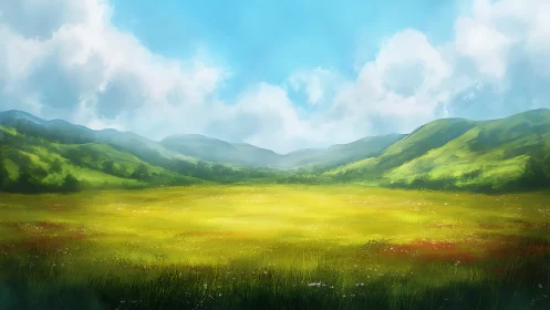 Sunlit valley meadow opens under bright blue summer sky