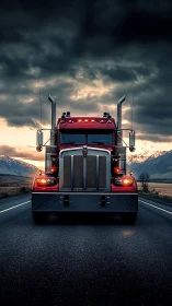 Symmetrical frontal view of red semi truck under storm clouds at dusk