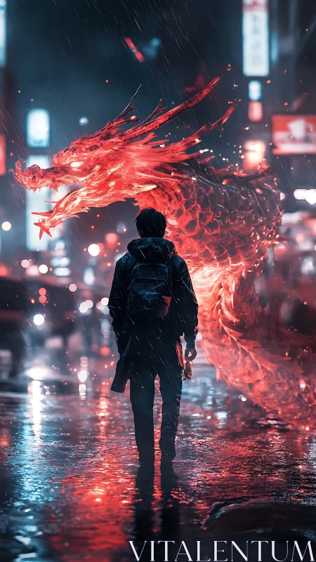 Figure stands before luminous dragon in wet urban street