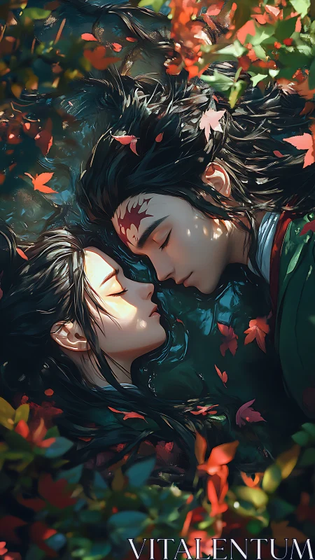 Two sleeping figures lie face to face amid floating leaves