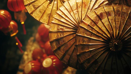 Golden parasol close-up highlights etched radial ornamentation
