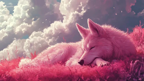 White canid resting on magenta field under dense clouds.