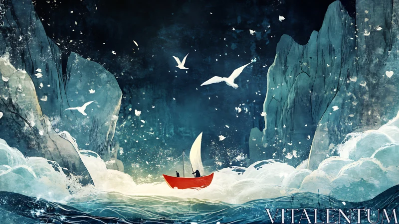 Red boat passing between cliffs under stylized seabirds.