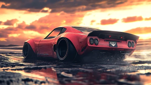 Low red sports car rendered on wet reflective ground at sunset