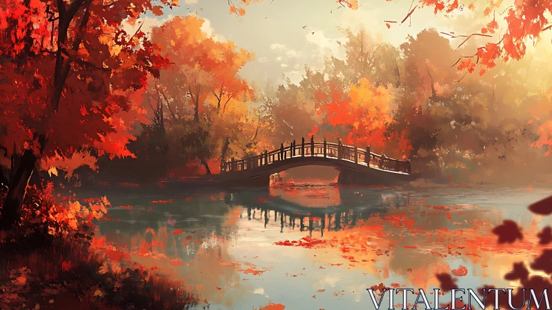Arched wooden bridge spans reflective autumn lake under diffused light