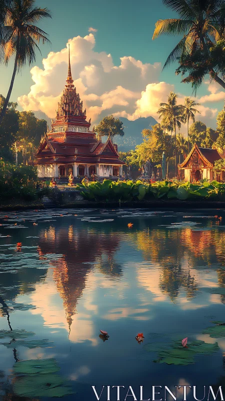 Temple complex and pond reflection form vertical landscape