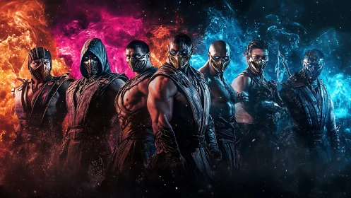 Masked warriors aligned before dual fire and ice fields.