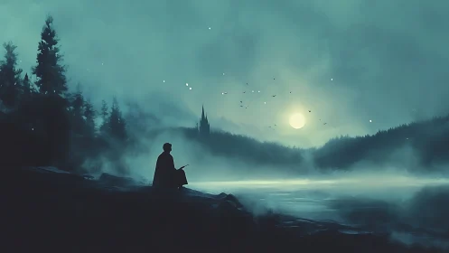 Quiet moonlit wanderer resting beside a misty forest lake.