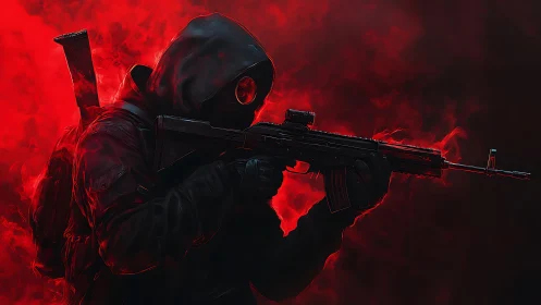 Hooded armed figure in red smoke with rifle silhouette.
