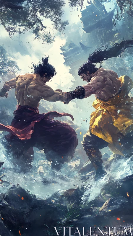 Martial artists engaged in combat in turbulent mountain river.