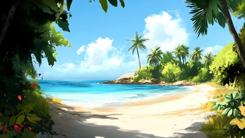 Tropical Coastal Paradise with Palm Trees and Sandy Beach.