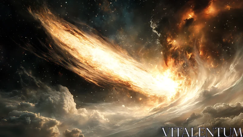 Celestial firestorm streaks through cosmic cloud fields.