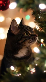 Feline profile study amid defocused festive luminance field.
