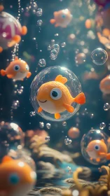 Playful 3D goldfish floating in crystal bubbles underwater.