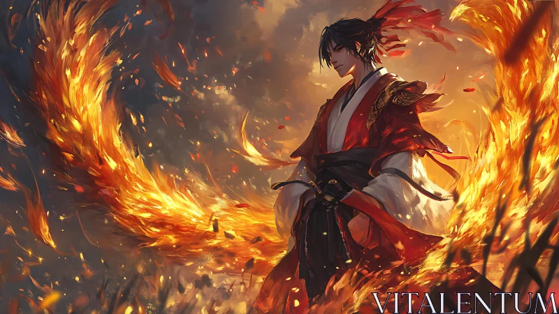 Fire-wreathed warrior stands calm within a blazing tempest