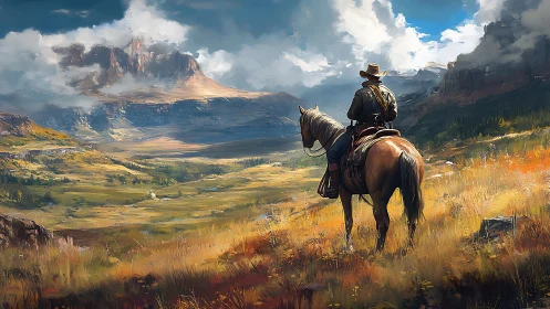 Lone cowboy surveys a glowing valley beneath storm-torn peaks
