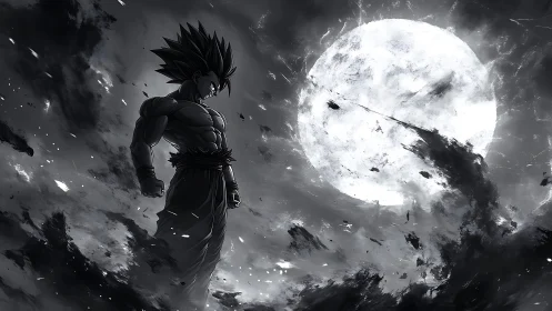 Lone anime warrior standing strong beneath a blazing moon.
