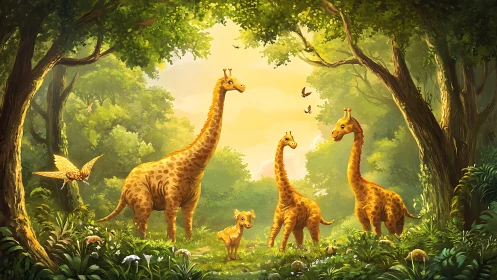 Giraffe family wanders through a glowing enchanted forest.