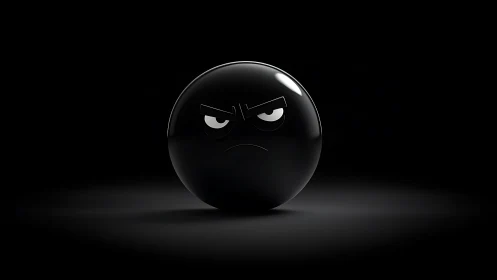 Glossy black emoticon sphere with stylized angry facial expression