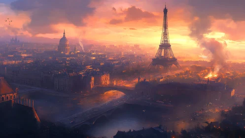 Ember-soaked Paris skyline under a storm of fading light.