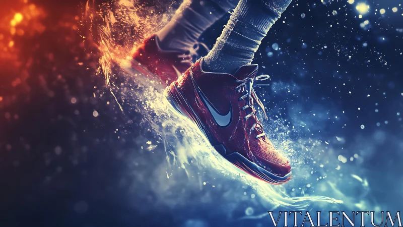 Dynamic red sneakers splashing through glowing water.
