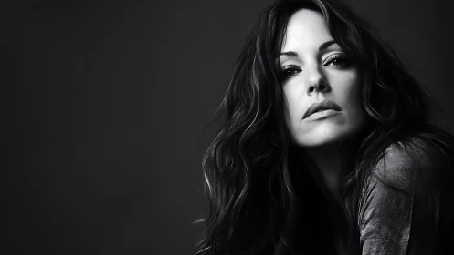 Monochrome portrait with intense gaze on dark backdrop.