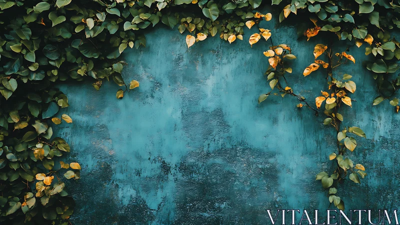 Emerald ivy curtain climbing across timeworn teal wall.