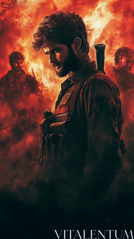 Soldier in fiery battlefield with rifle and tactical vest.