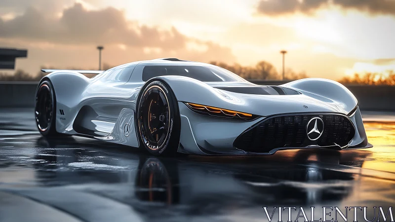 Futuristic silver hypercar glows on wet asphalt at sunset