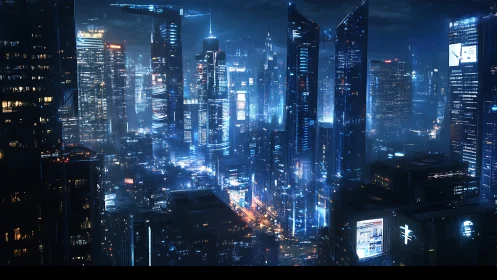 Nighttime futuristic city skyline presents dense illuminated towers