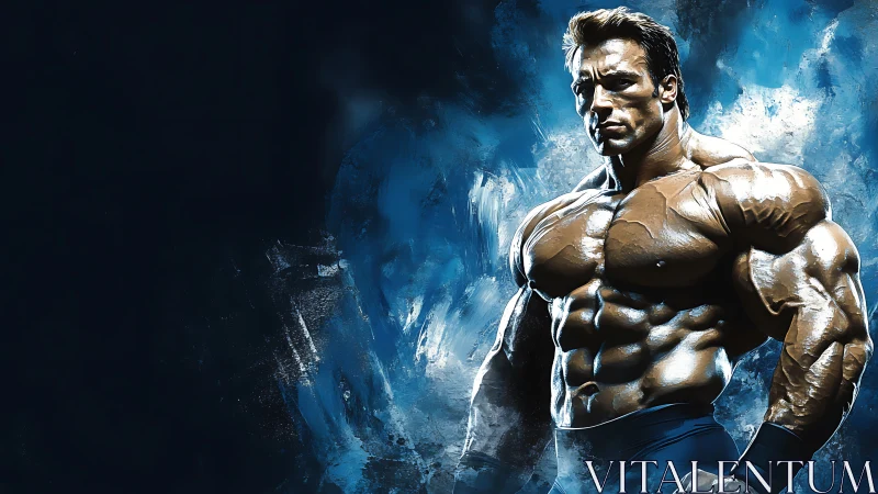 Bronze titan of muscle storms through electric blue void.