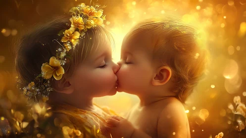 Two figures in profile kiss beneath golden bokeh light