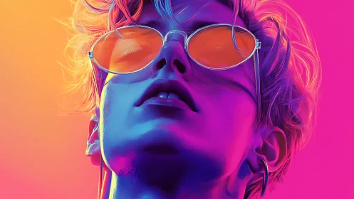 Neon-lit stylized portrait of person with reflective glasses.