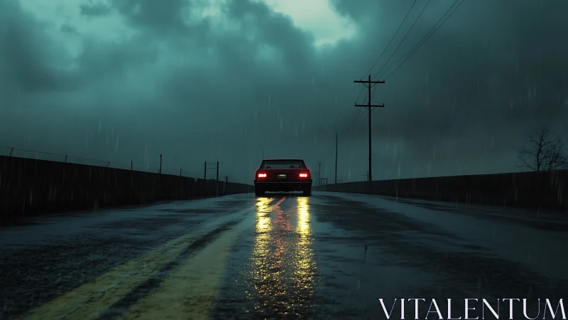 Solitary car on wet highway under storm-lit night sky.