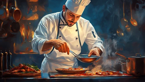 Gourmet chef plating sauced entrées in dramatic kitchen light.