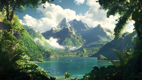 Tropical mountain lagoon under dramatic midday light.